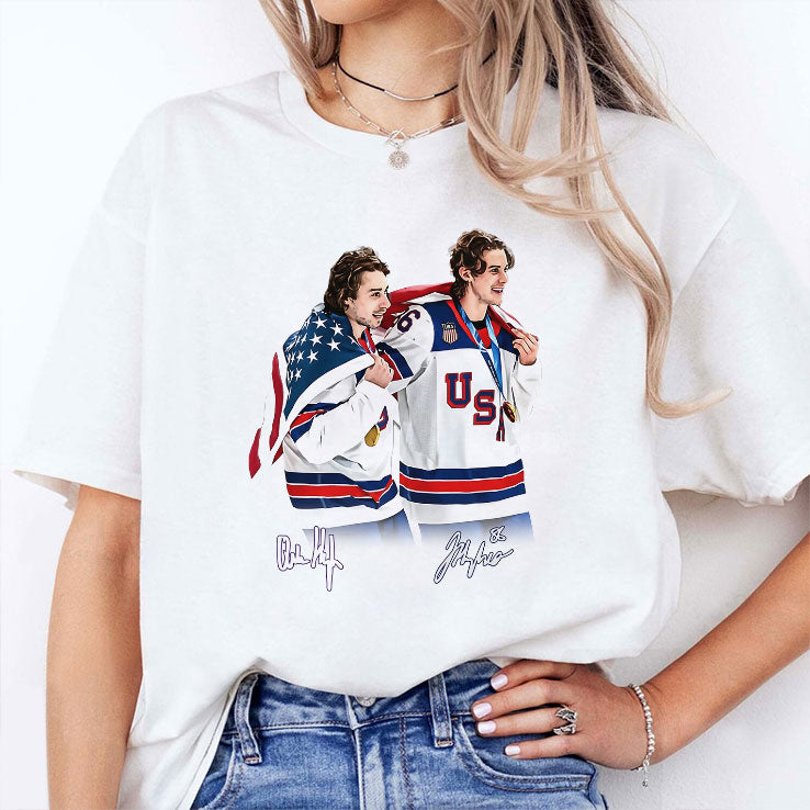 Hughes Brotherhood Team USA Hockey T Shirt