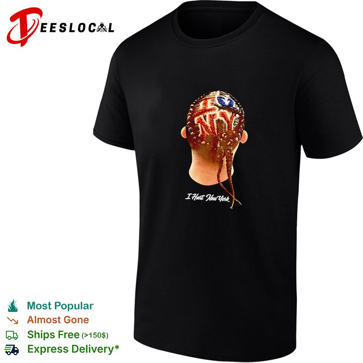 I Hart New York braided hair spelling NY back of head close up photo graphic shirt