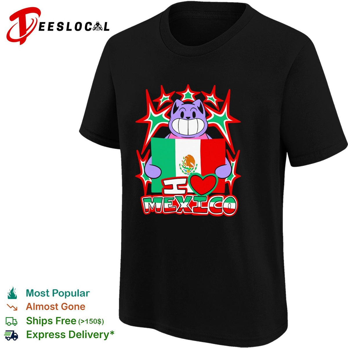 I Love Mexico Cartoon Cat Holding Mexico Flag National Pride Mexican Culture shirt