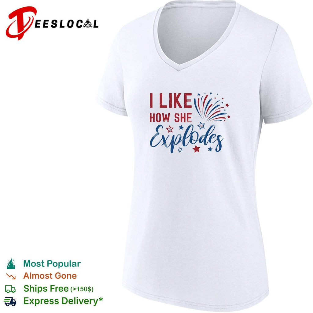 I like how she explodes Fourth of July fireworks red white blue white shirt