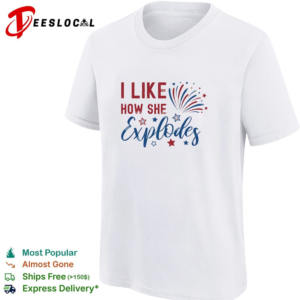I like how she explodes Fourth of July fireworks red white blue white shirt