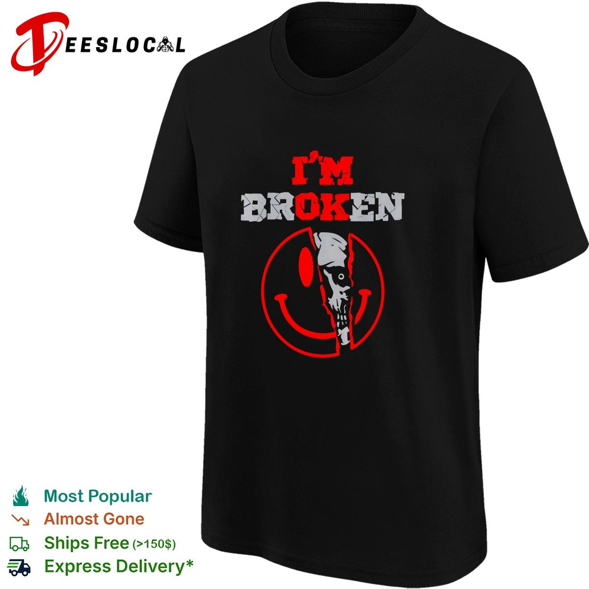 I’m broken cracked smiley face skeleton hand shirt