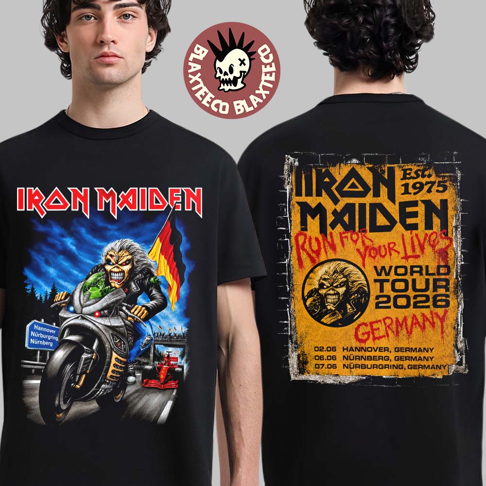 Iron Maiden Germany 2026 Tour Exclusive Event Tee For Hannover Nurnberg And Nurburgring On 2 6 And 7 June 2026 Eddie Riding Motor T-Shirt