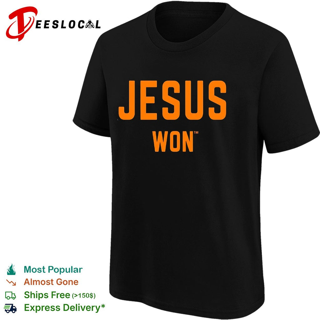 Jesus Won Apparel Christian Faith Religious Message Theme Print Cotton Crew Shirt