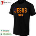 Jesus Won Apparel Christian Faith Religious Message Theme Print Cotton Crew Shirt
