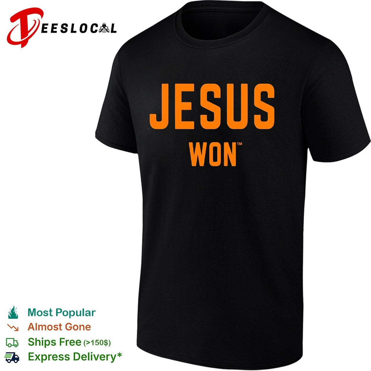 Jesus Won Apparel Christian Faith Religious Message Theme Print Cotton Crew Shirt