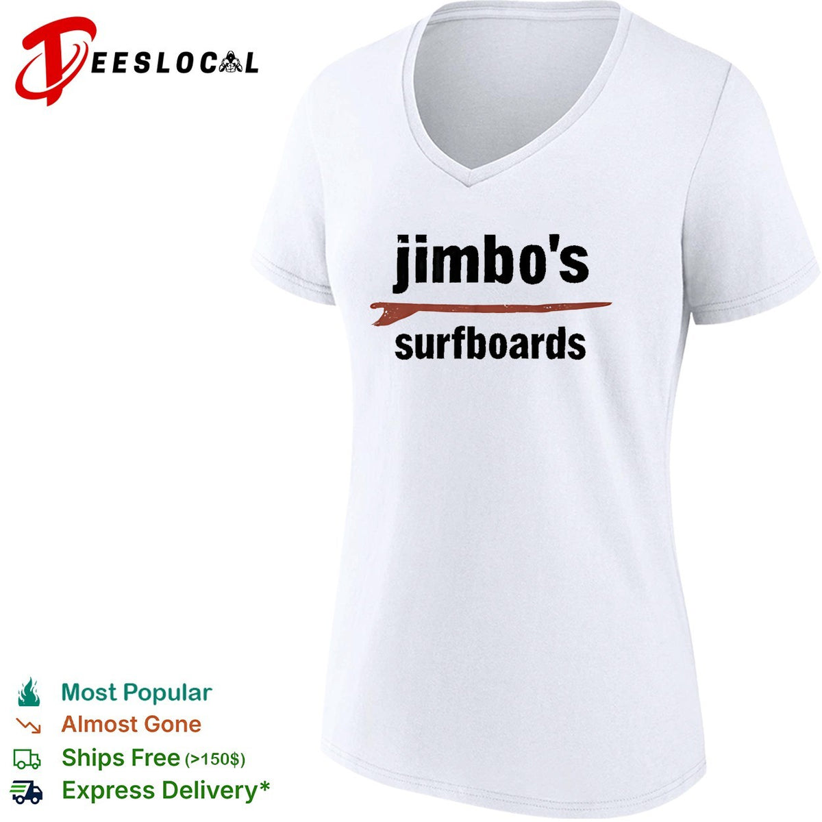 Jimbo’s surfboards red surfboard minimalist text white shirt