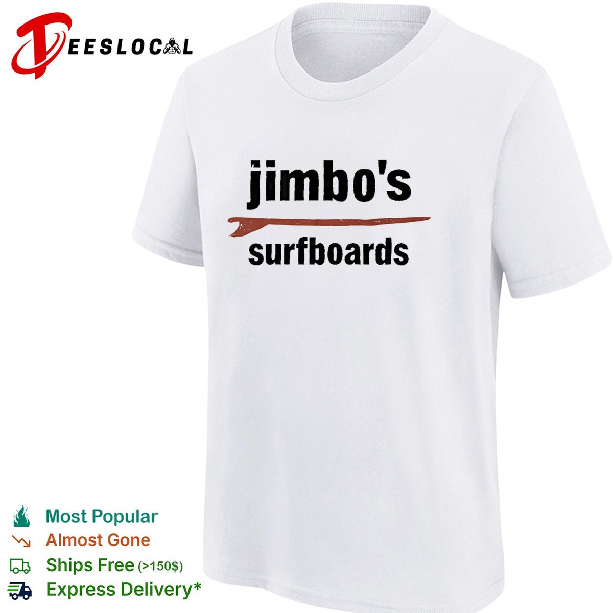 Jimbo’s surfboards red surfboard minimalist text white shirt