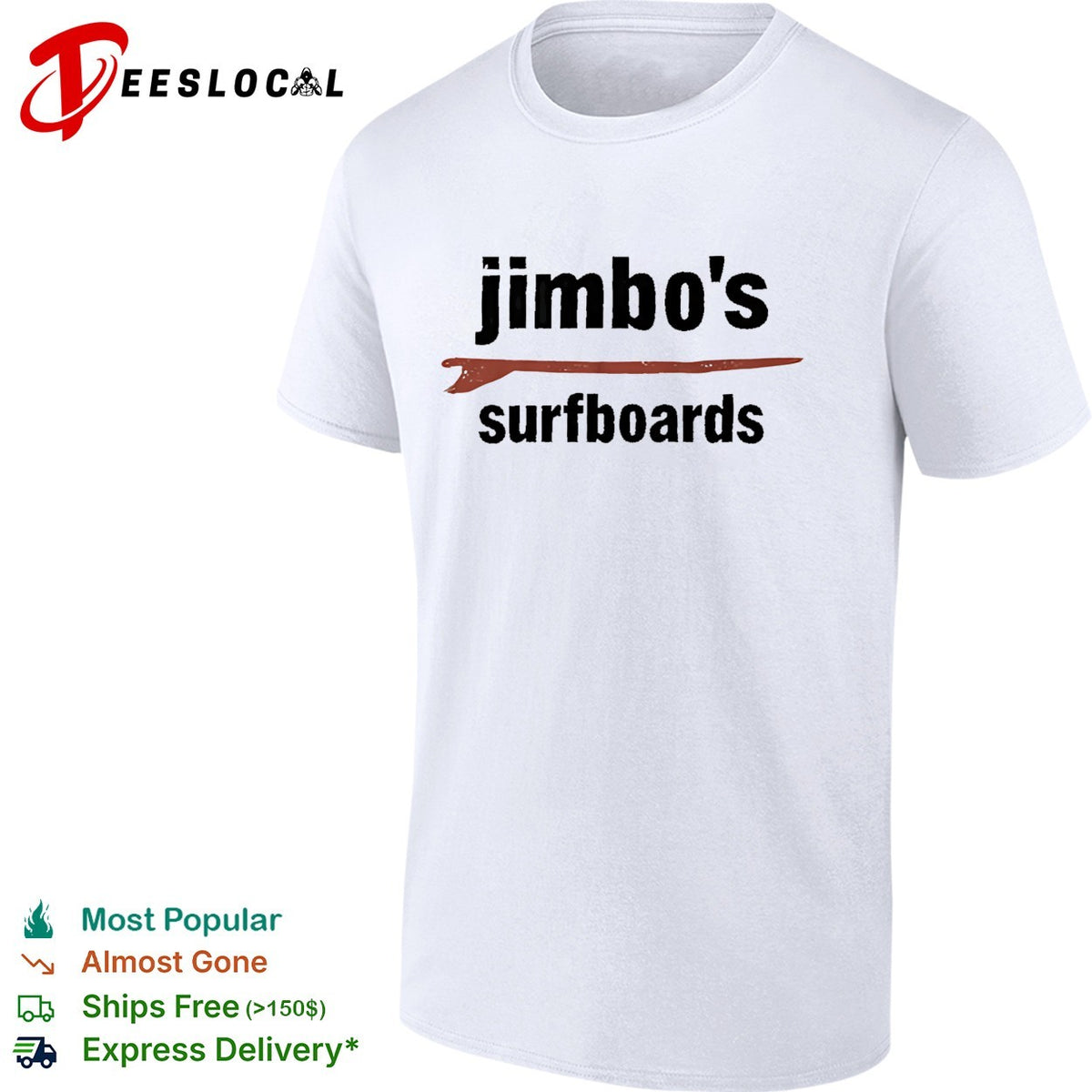 Jimbo’s surfboards red surfboard minimalist text white shirt