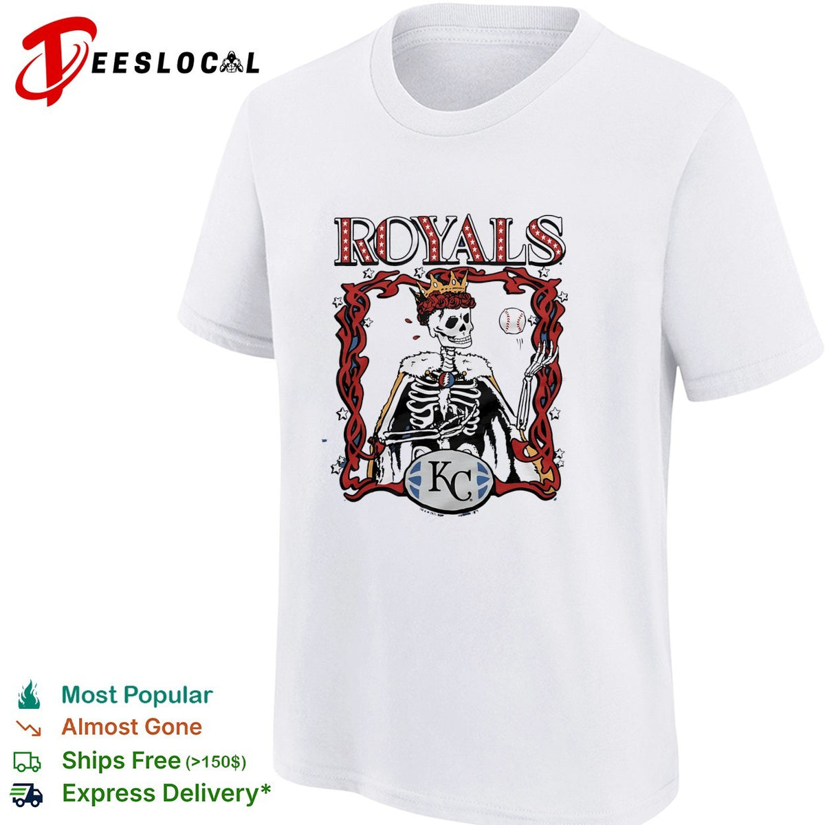 Kansas City Royals x Grateful Dead skeleton king crown MLB graphic shirt