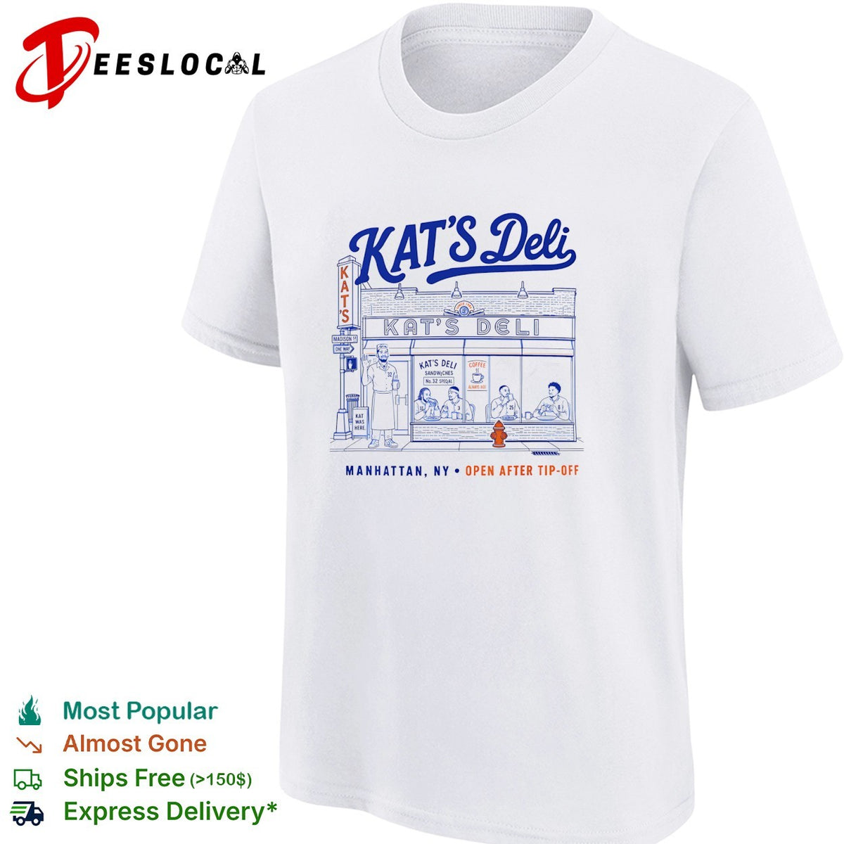 Kat’s Deli Manhattan NY open after tip-off street storefront illustration shirt