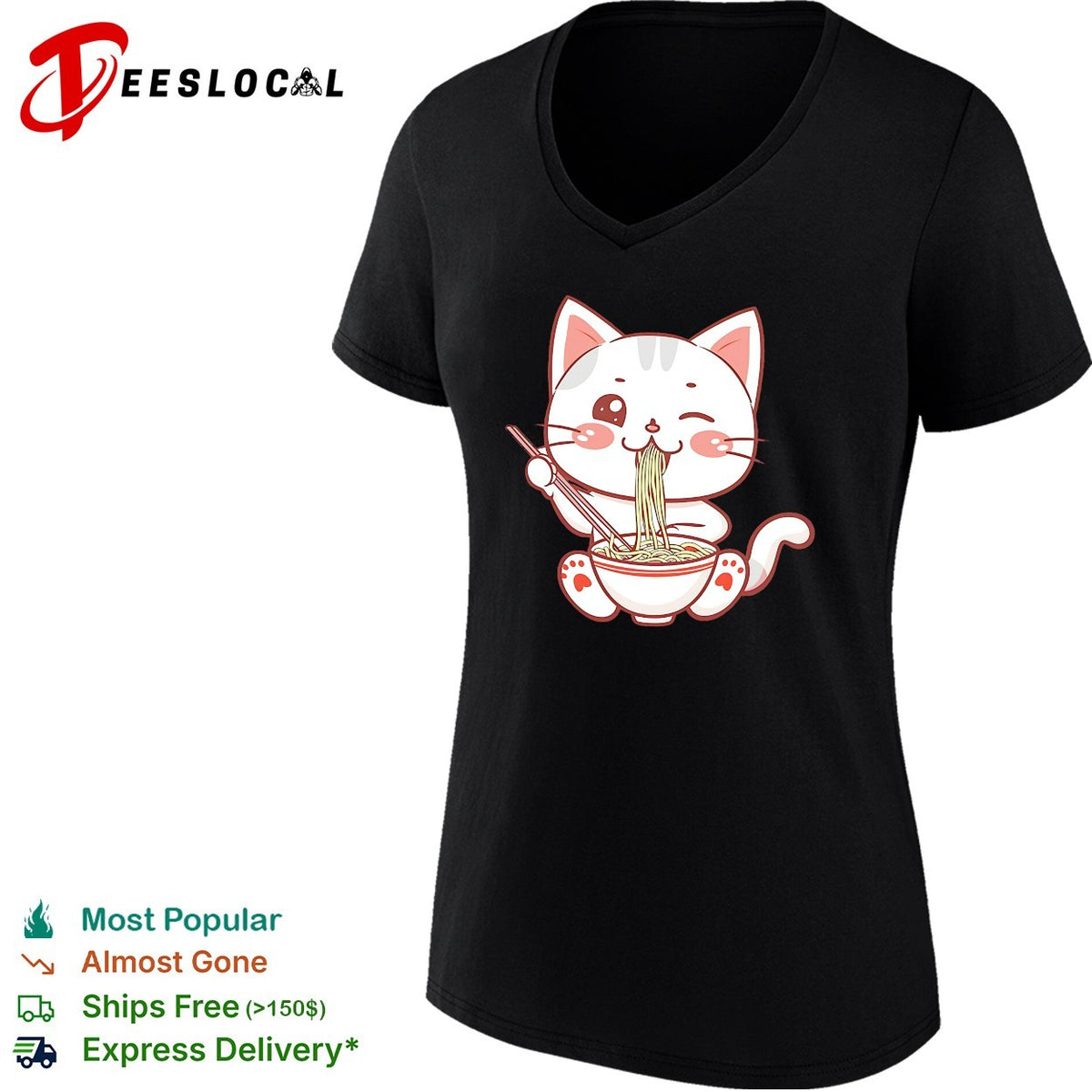 Kawaii Ramen Eating Cat Bowl Noodles Japanese Anime Food Lover Gift shirt