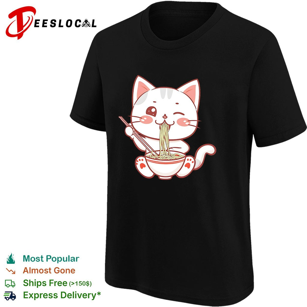 Kawaii Ramen Eating Cat Bowl Noodles Japanese Anime Food Lover Gift shirt