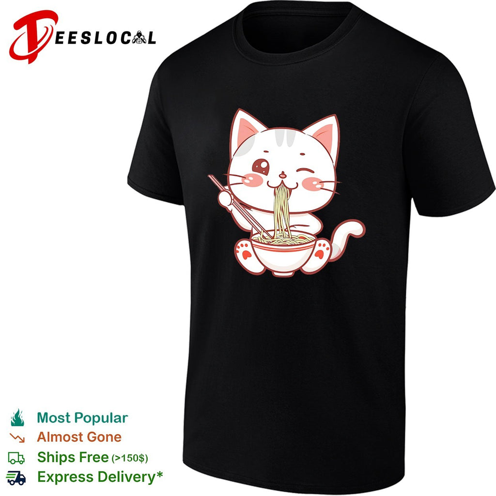 Kawaii Ramen Eating Cat Bowl Noodles Japanese Anime Food Lover Gift shirt
