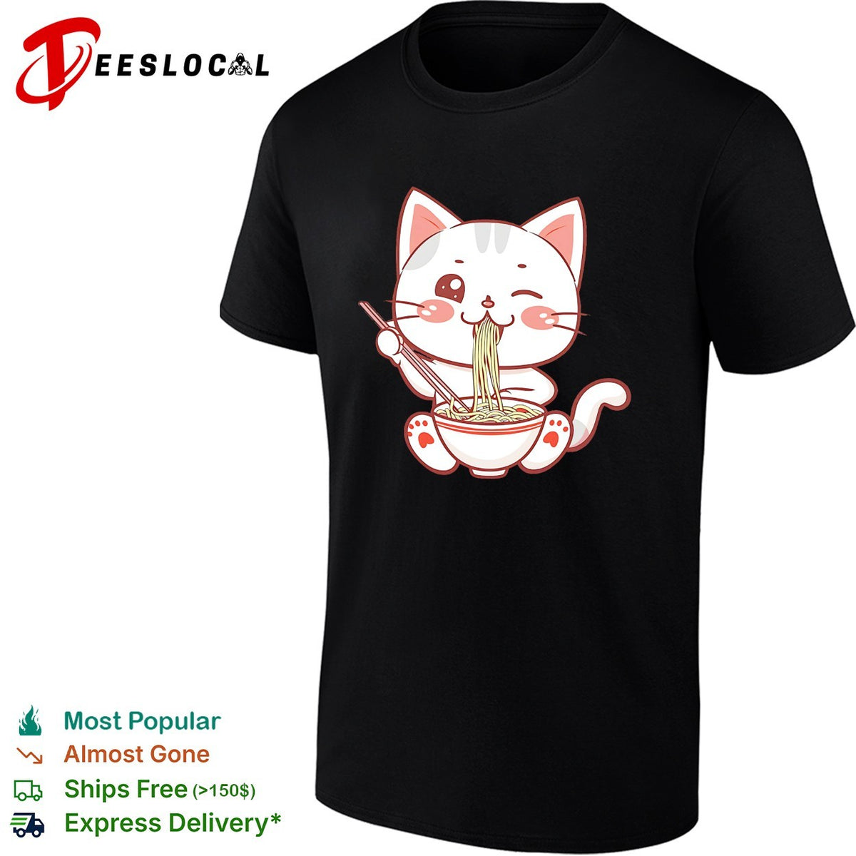 Kawaii Ramen Eating Cat Bowl Noodles Japanese Anime Food Lover Gift shirt
