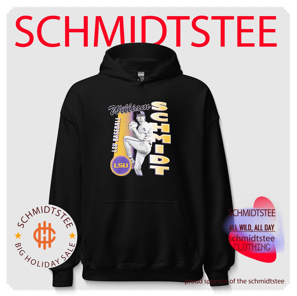LSU baseball William Schmidt leg lift pose shirt