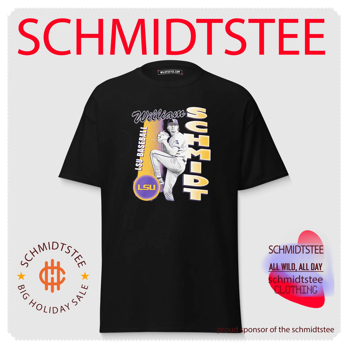LSU baseball William Schmidt leg lift pose shirt
