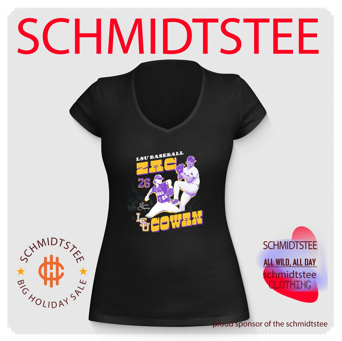 LSU baseball Zac Cowan number 26 leg lift pose shirt