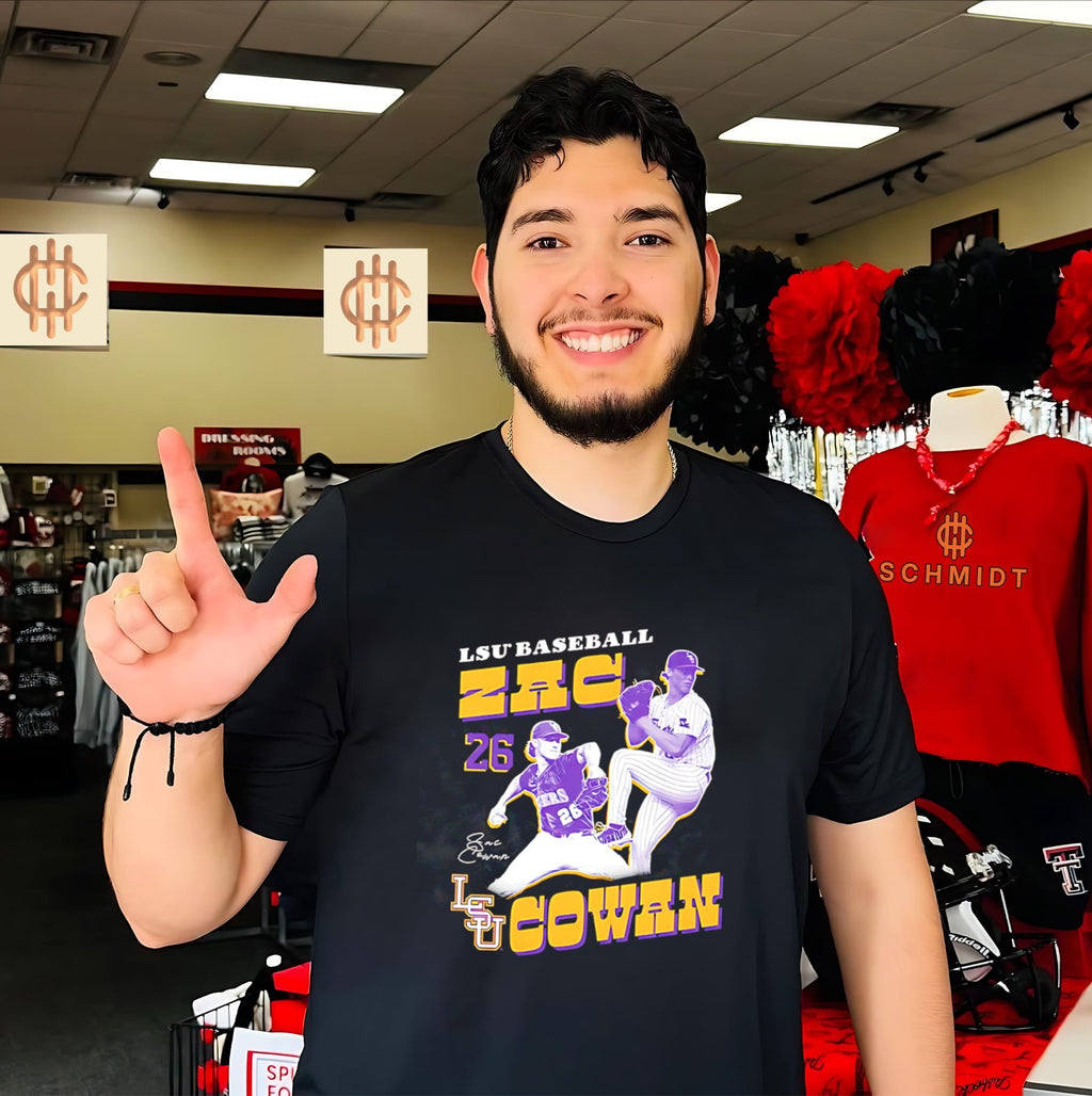 LSU baseball Zac Cowan number 26 leg lift pose shirt