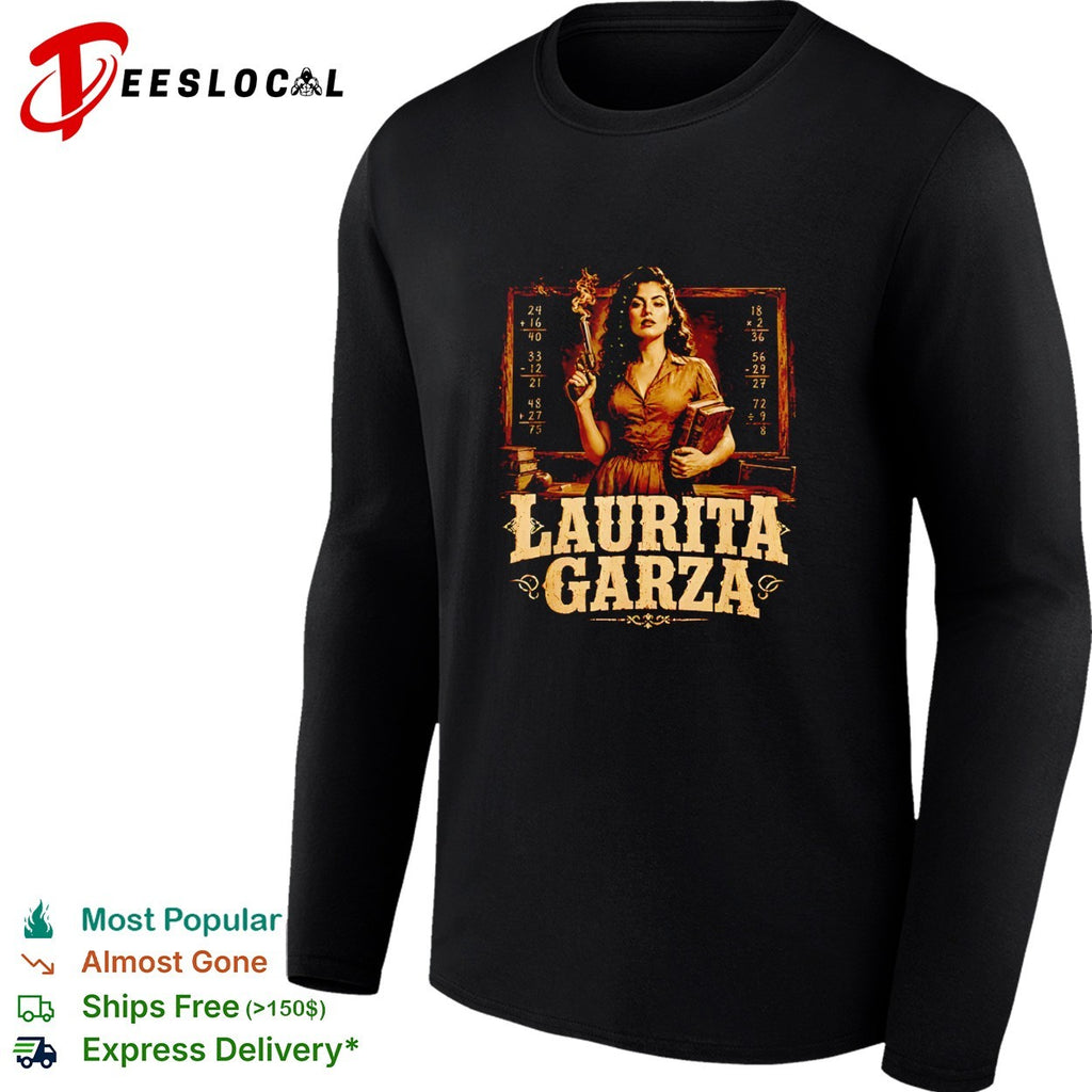 Laurita Garza teacher school chalkboard math pistol firearm western corrido shirt