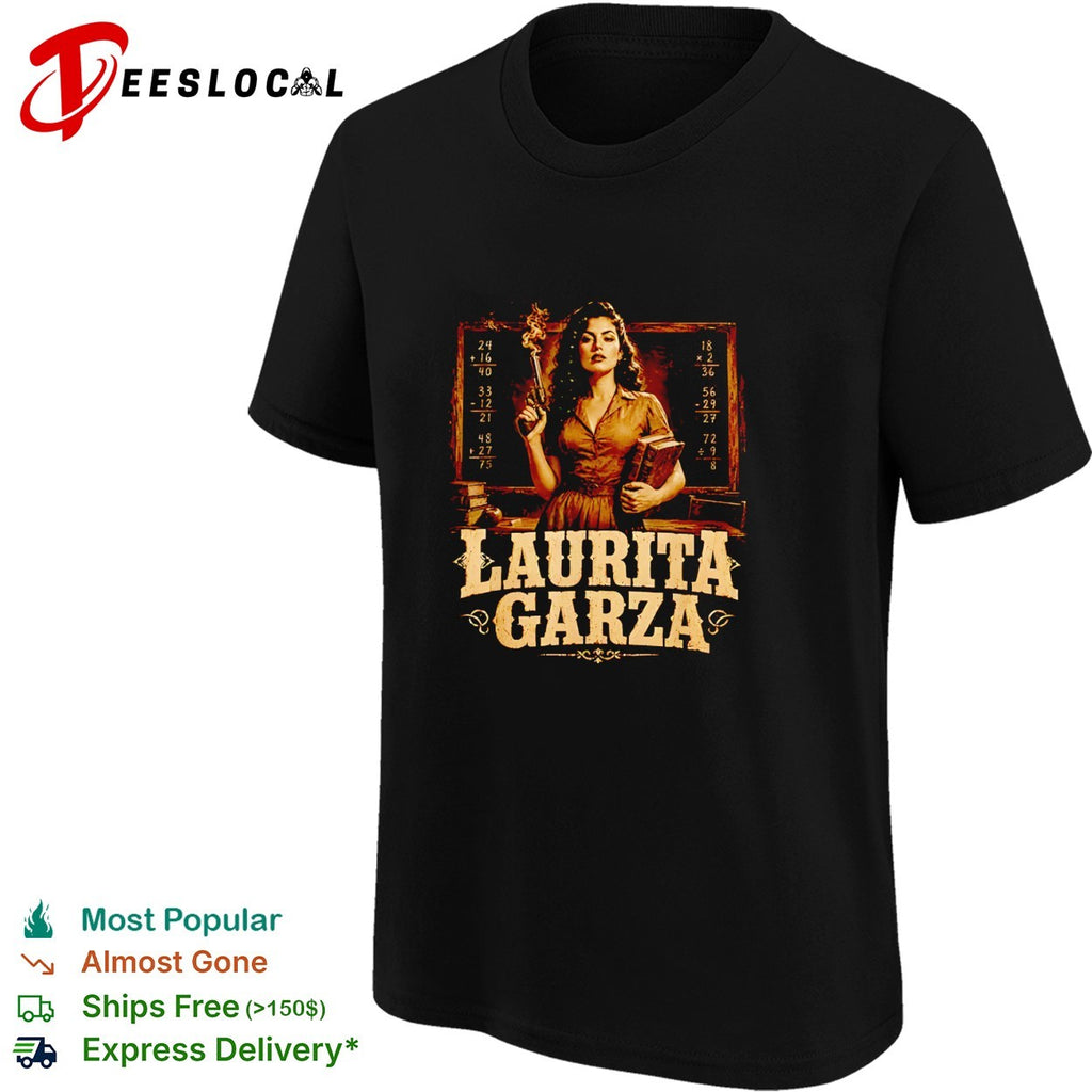 Laurita Garza teacher school chalkboard math pistol firearm western corrido shirt