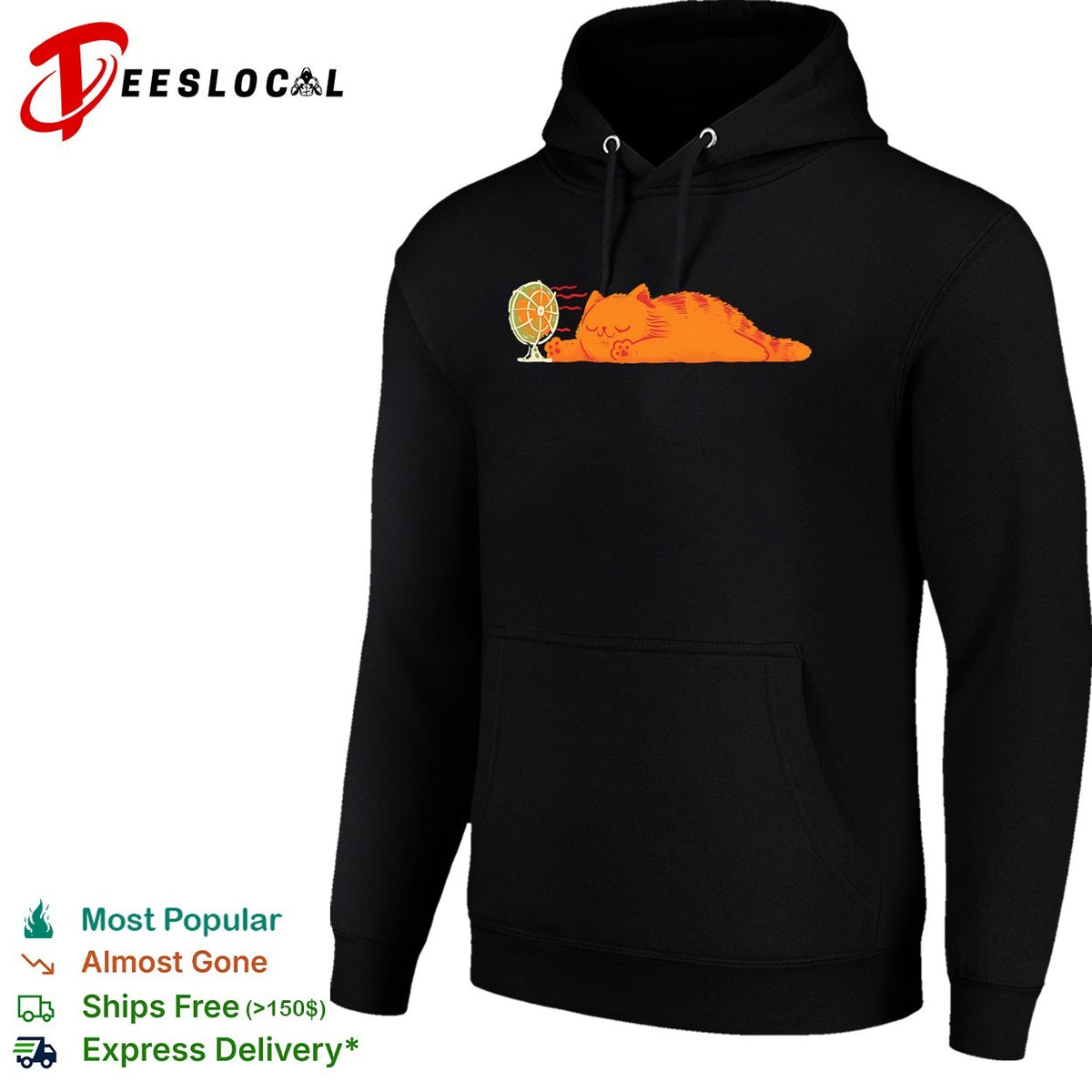Lazy orange cat sleeping next to fan summer heat humor shirt