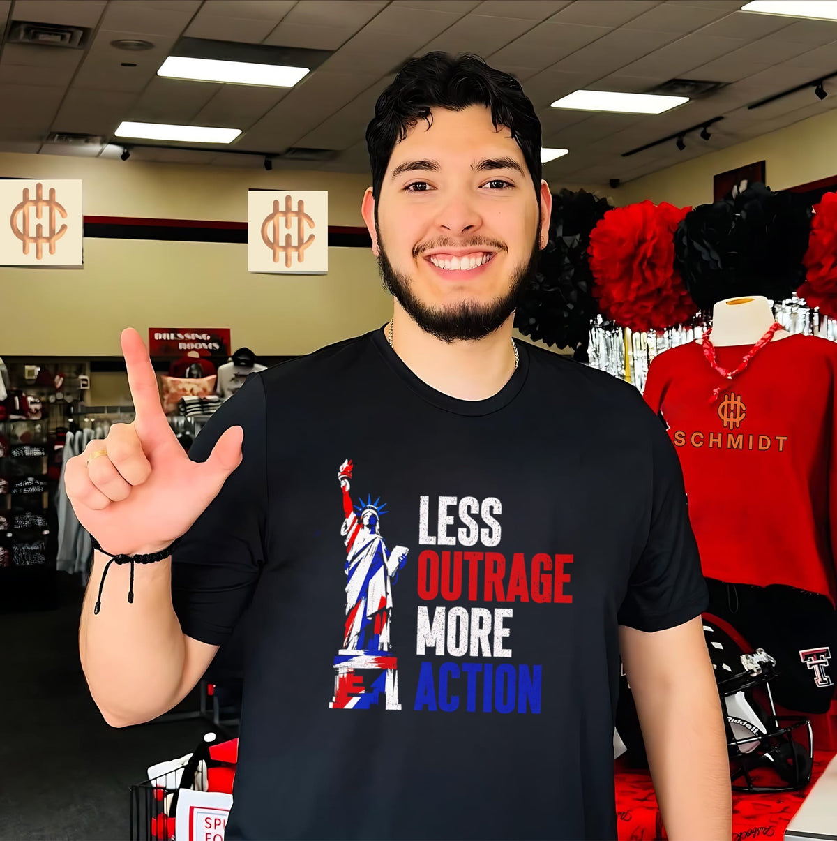 Less outrage more action State of Liberty shirt