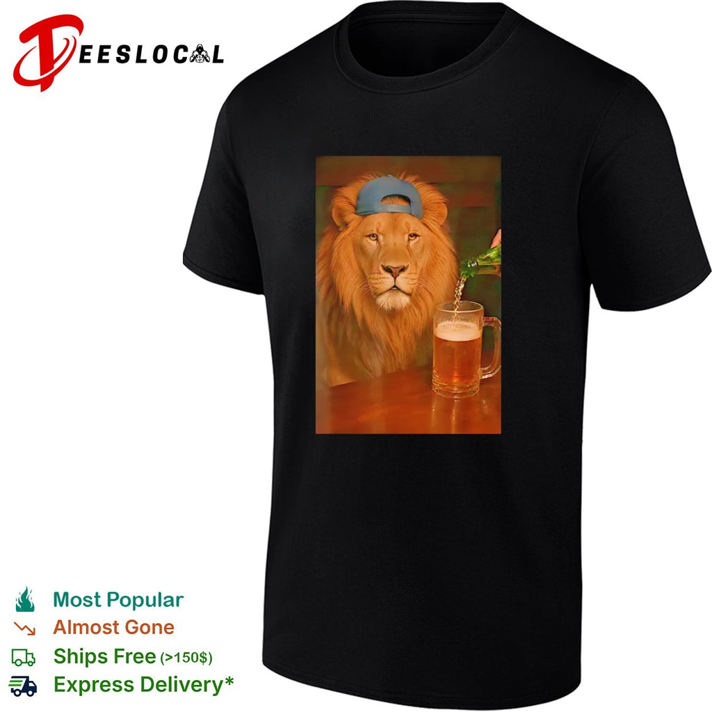 Lion wearing cap beer mug cool bar photo realism shirt