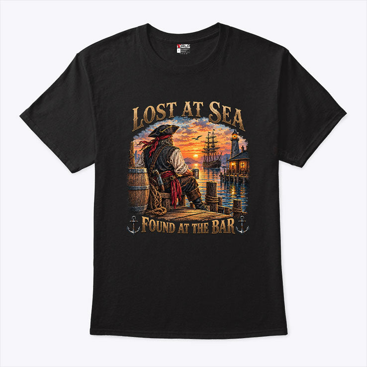 Lost At Sea Found At The Bar Funny Cruise Sarcastic Humor T Shirt