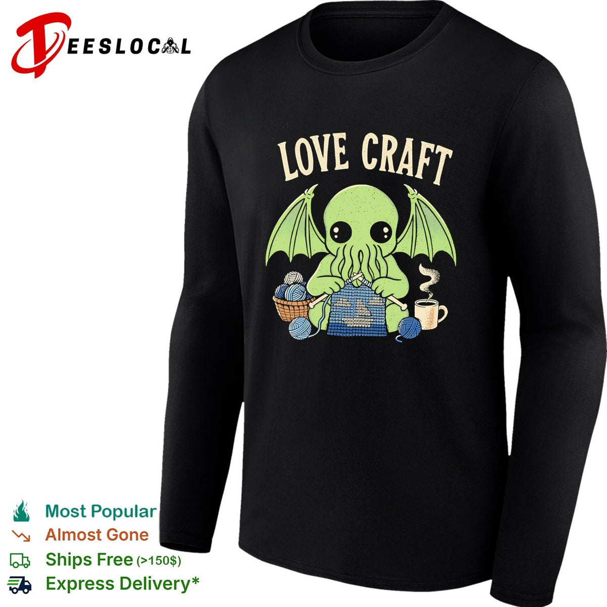 Love Craft Cthulhu Knitting Yarn Coffee Steam Parody Pop Culture Mythos Shirt