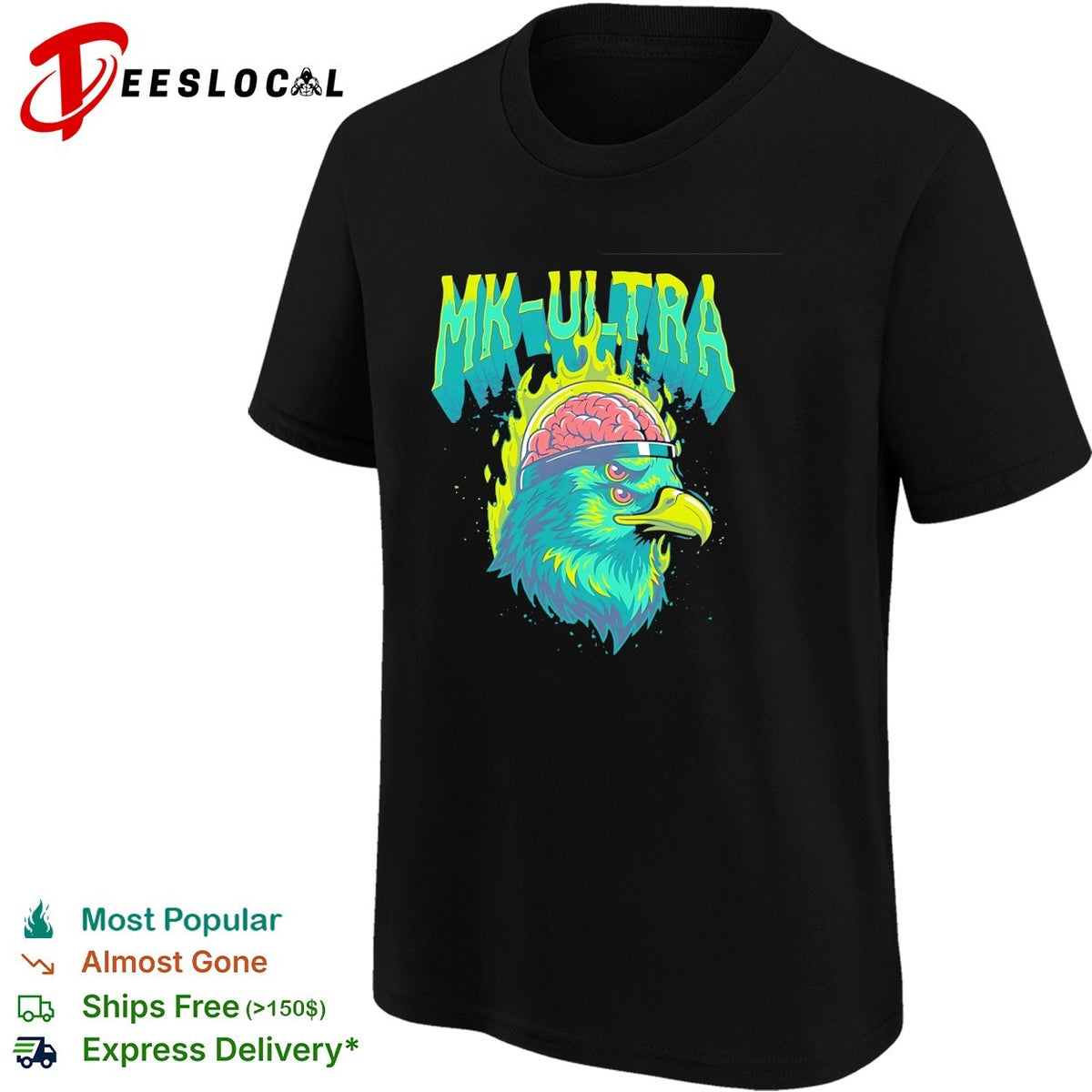 MKUltra green and yellow eagle with glowing brain illustration graphic shirt