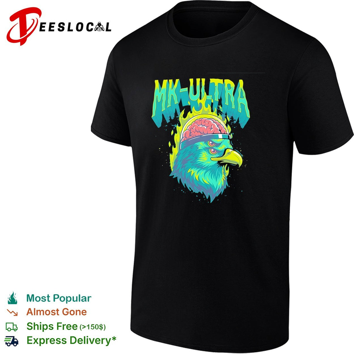 MKUltra green and yellow eagle with glowing brain illustration graphic shirt