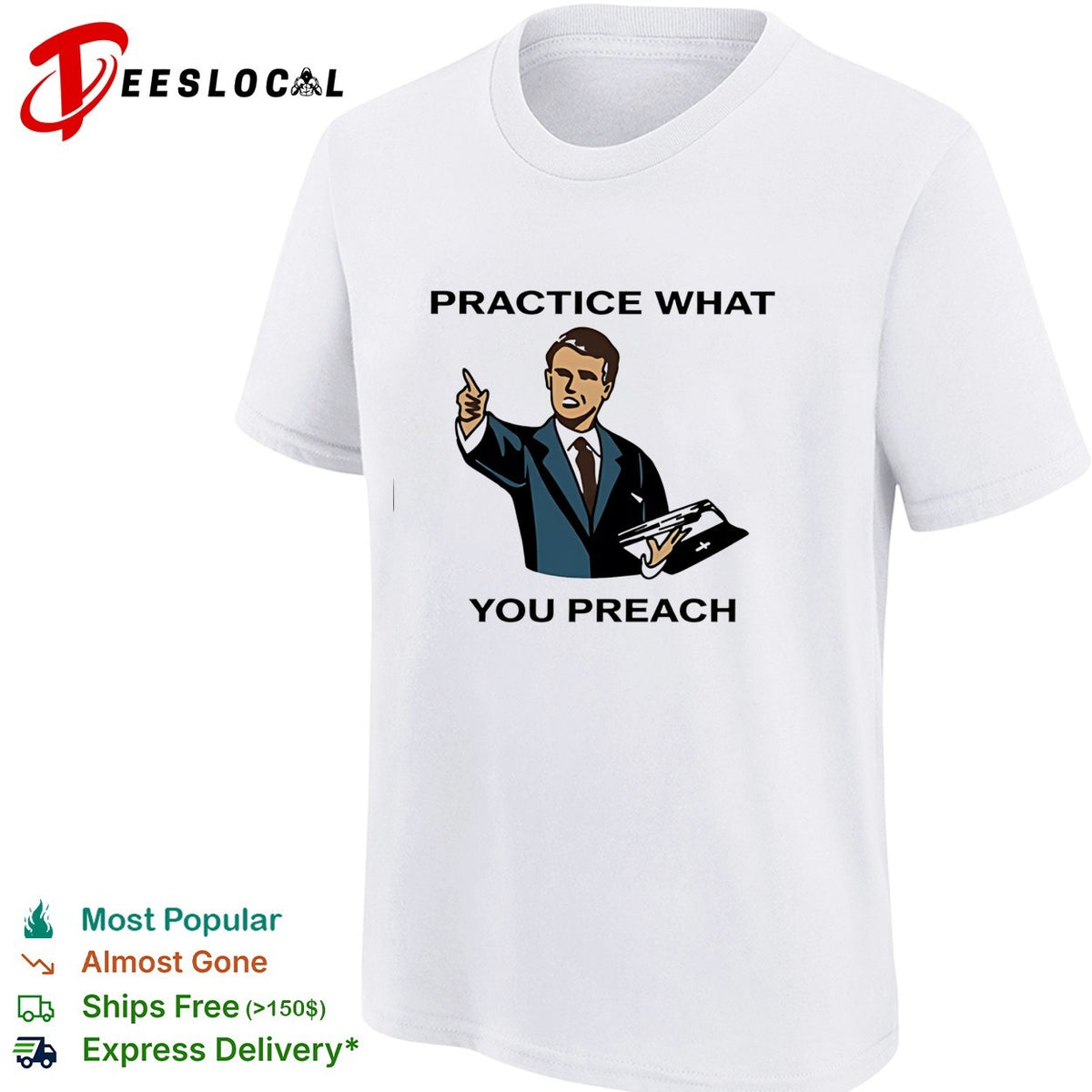 Male speaker practice what you preach shirt