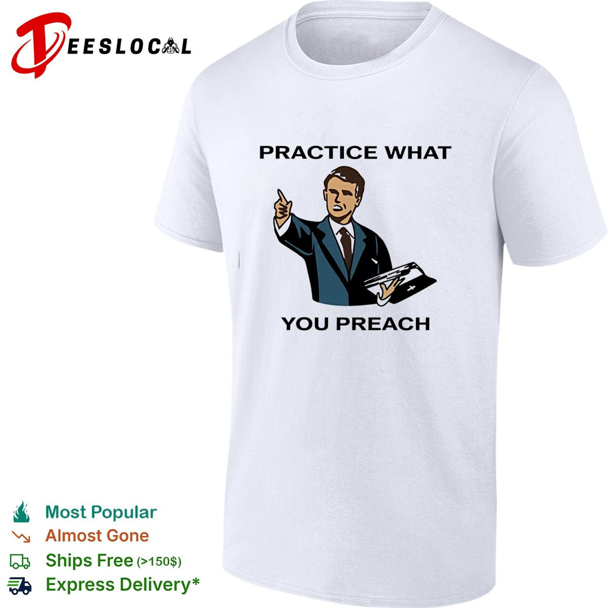Male speaker practice what you preach shirt
