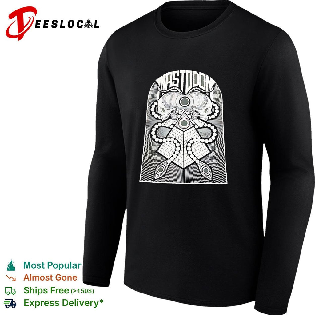 Mastodon band skulls and pyramid occult geometry symbol black and white ink shirt