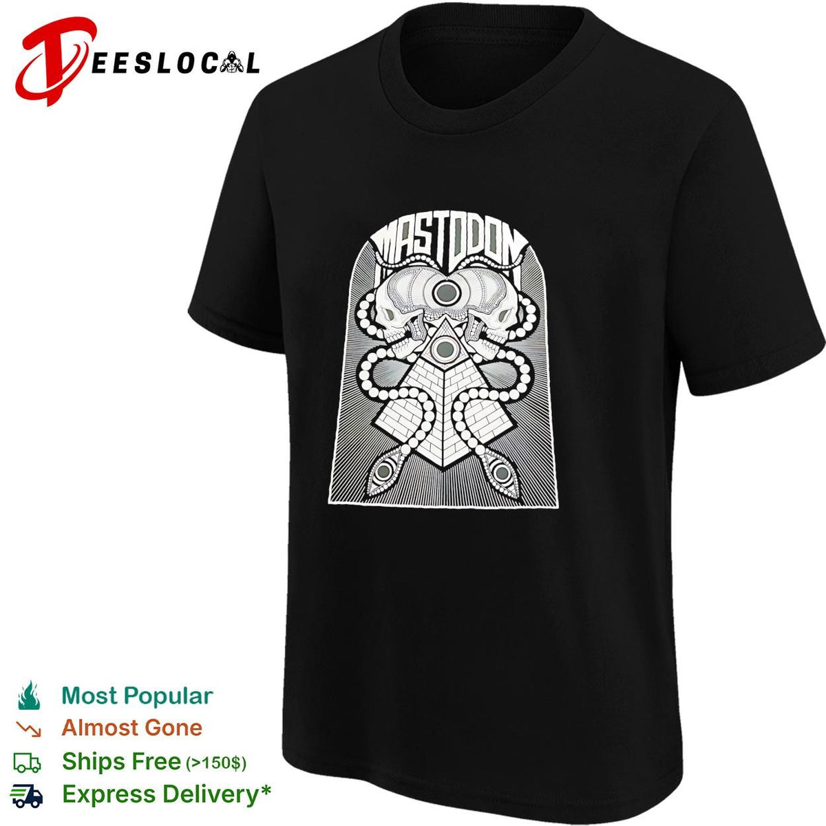 Mastodon band skulls and pyramid occult geometry symbol black and white ink shirt