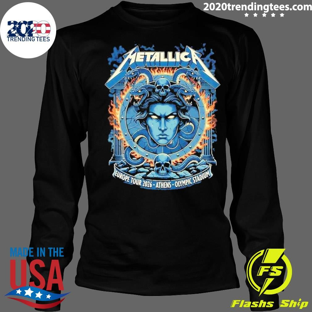 Metallica M72 Athens Europe Tour 2026 Medusa Shield Art On May 9 2026 At Olympic Stadium Athens Greece Shirt