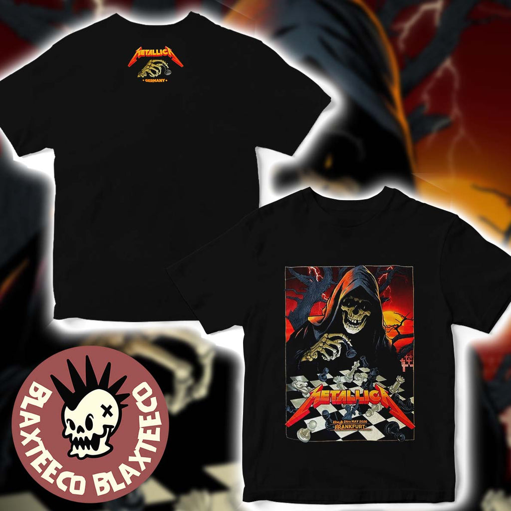 Metallica M72 Frankfurt 2026 Pop Up Shop Merch Tee At Frankfurt Germany Deutsche Bank Park On 22 And 24 May 2026 Skeleton Playing Chess Two Sided T-Shirt