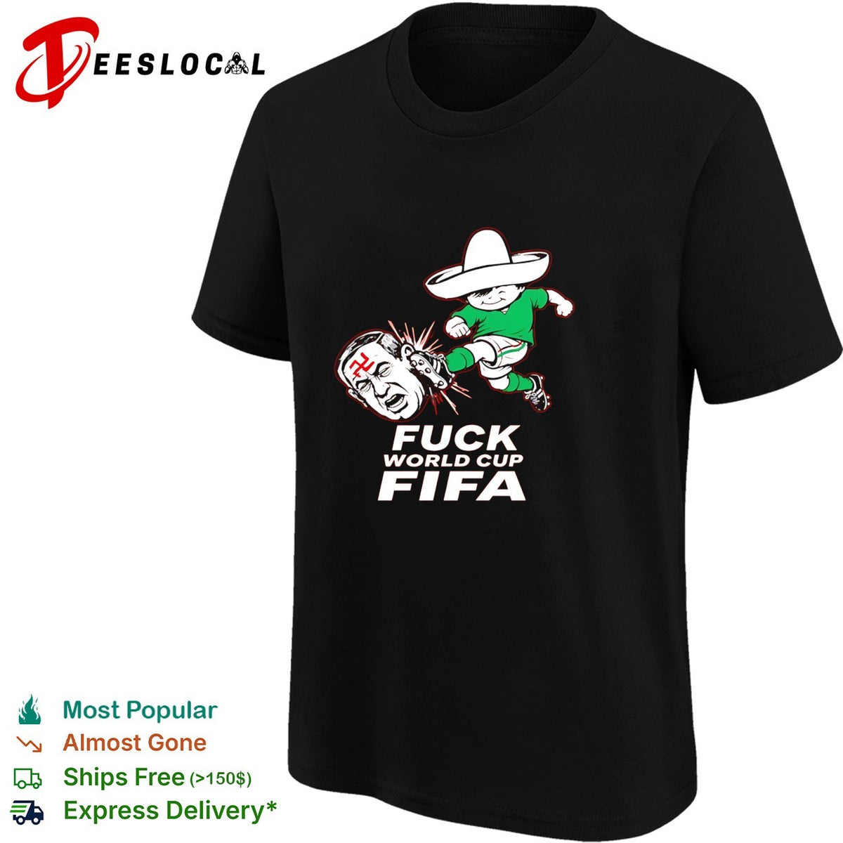 Mexico soccer mascot kicking World Cup anti-FIFA red bold shirt