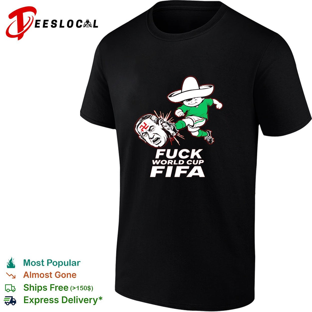 Mexico soccer mascot kicking World Cup anti-FIFA red bold shirt