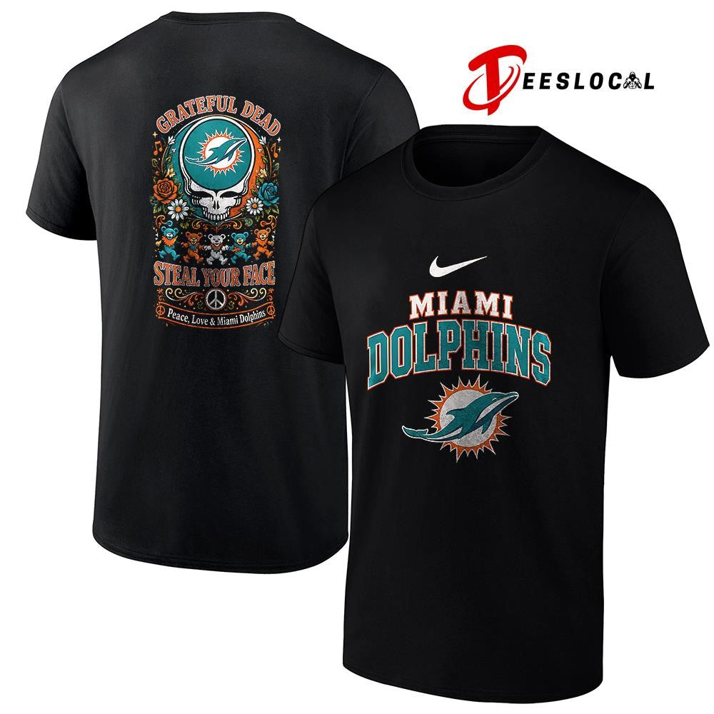 Miami Dolphins x Grateful Dead steal your face peace love logo shirt