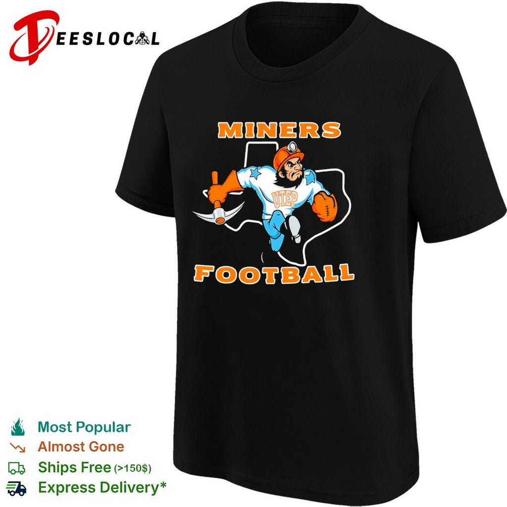 Miners Football UTEP Miners Texas Map Mascot Action shirt