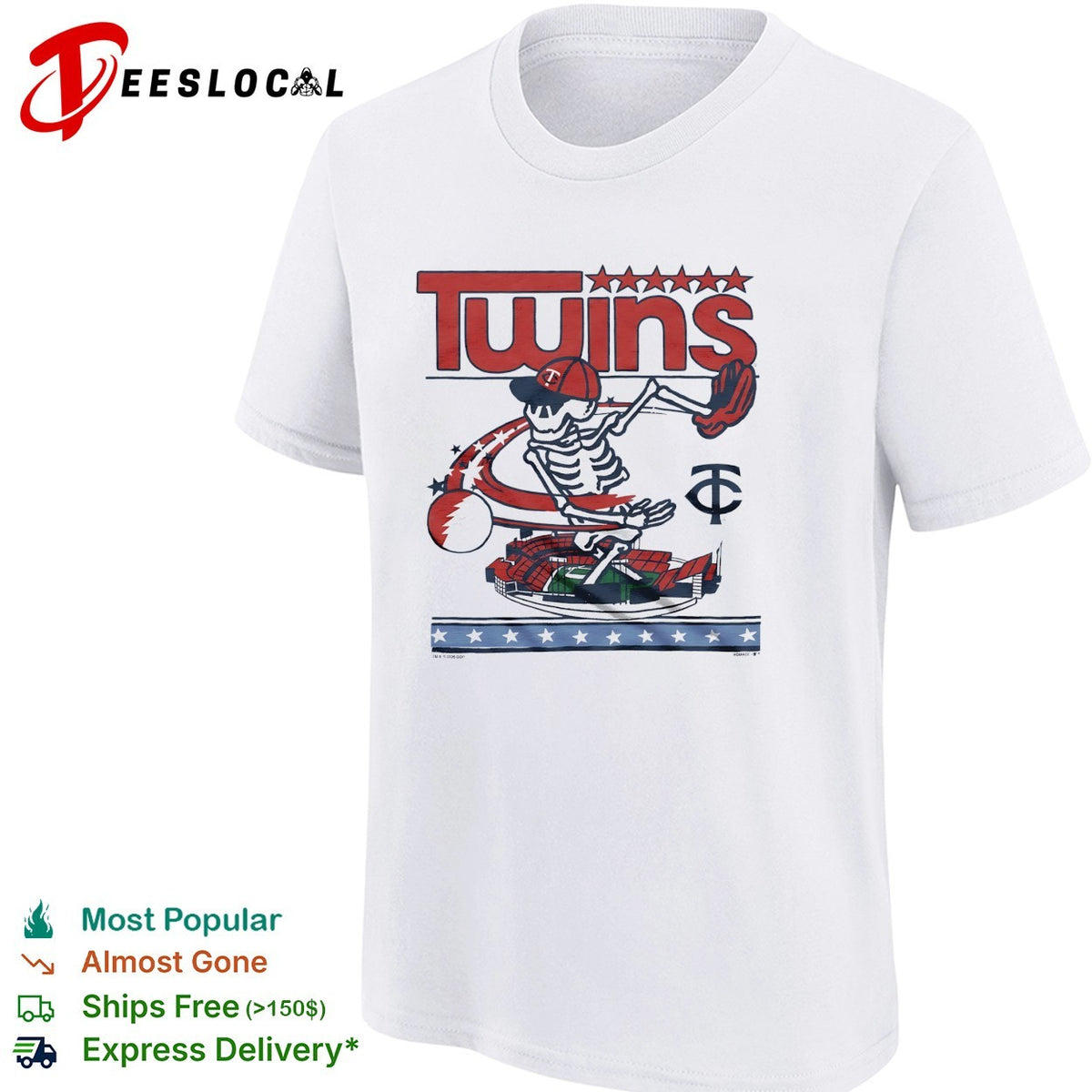 Minnesota Twins x Grateful Dead skeleton skateboard MLB graphic shirt