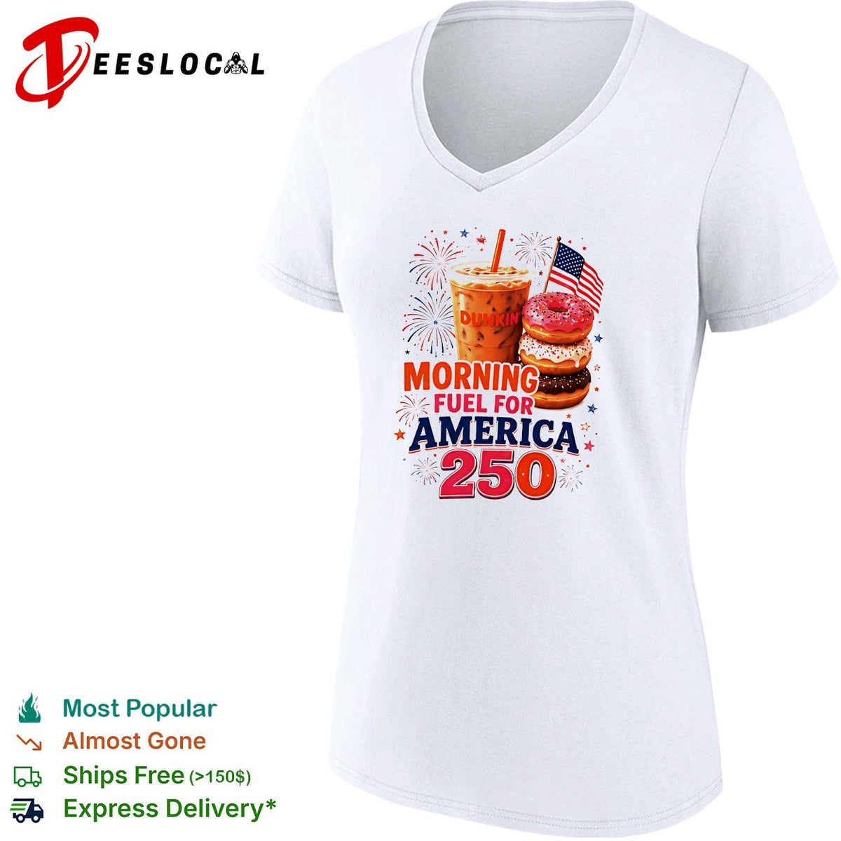 Morning fuel for America 250 iced coffee and donuts patriotic fireworks shirt
