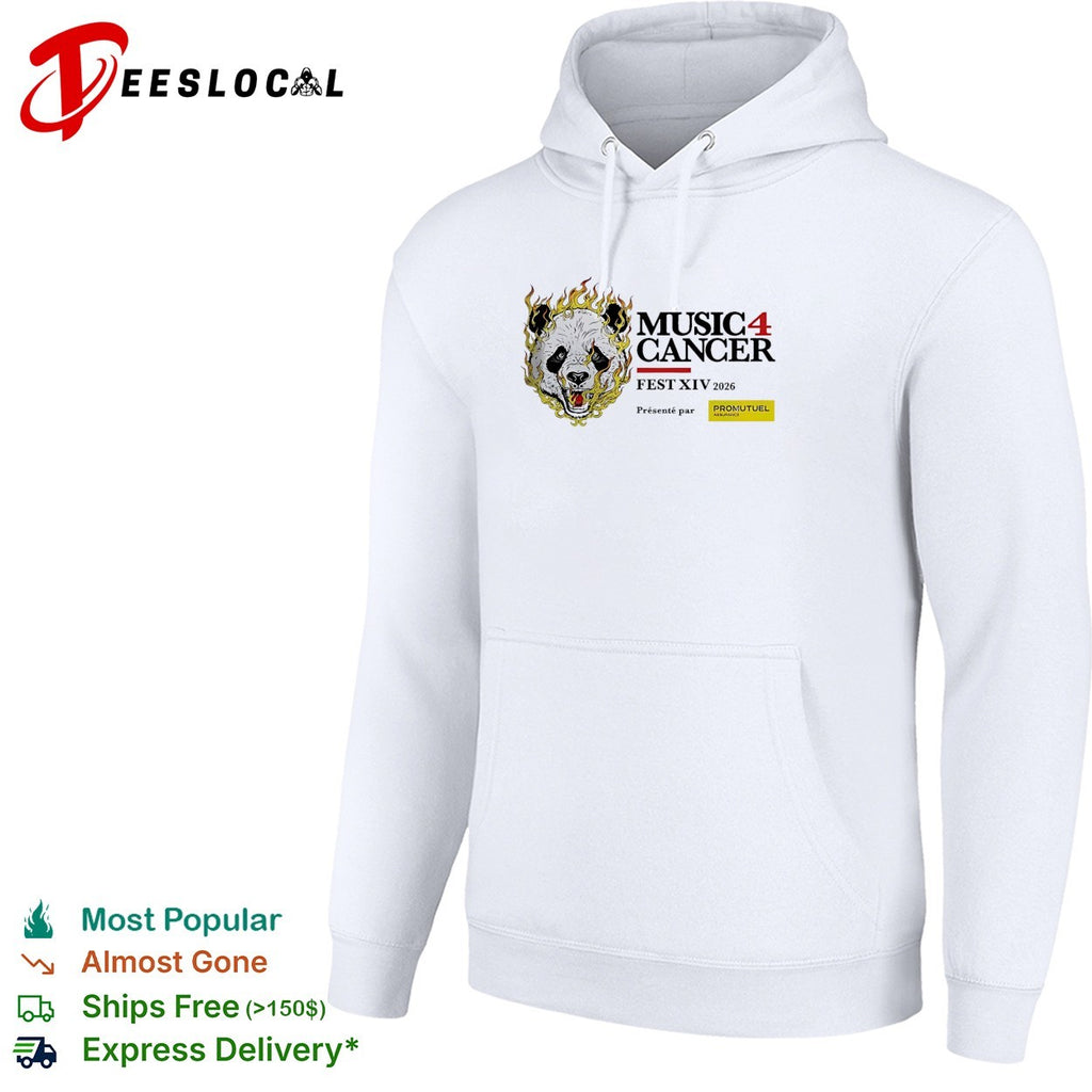 Music 4 Cancer Fest XIV 2026 flaming panda artistic event promotional white shirt