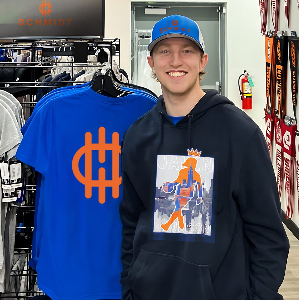 NY Knicks Jalen Brunson silhouette with New York City skyline graphic shirt