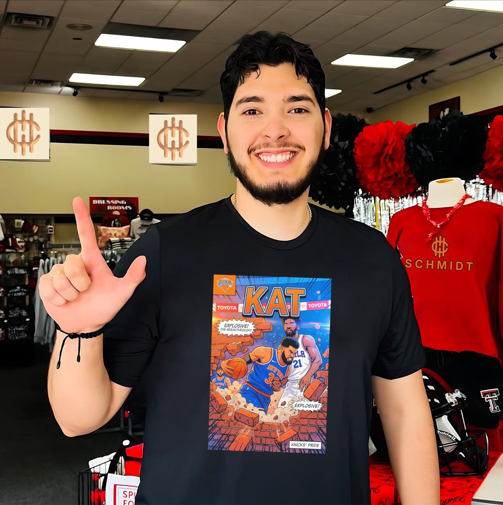 NY Knicks KAT Kat-Anthony Towns breaking brick wall illustrated comic style shirt