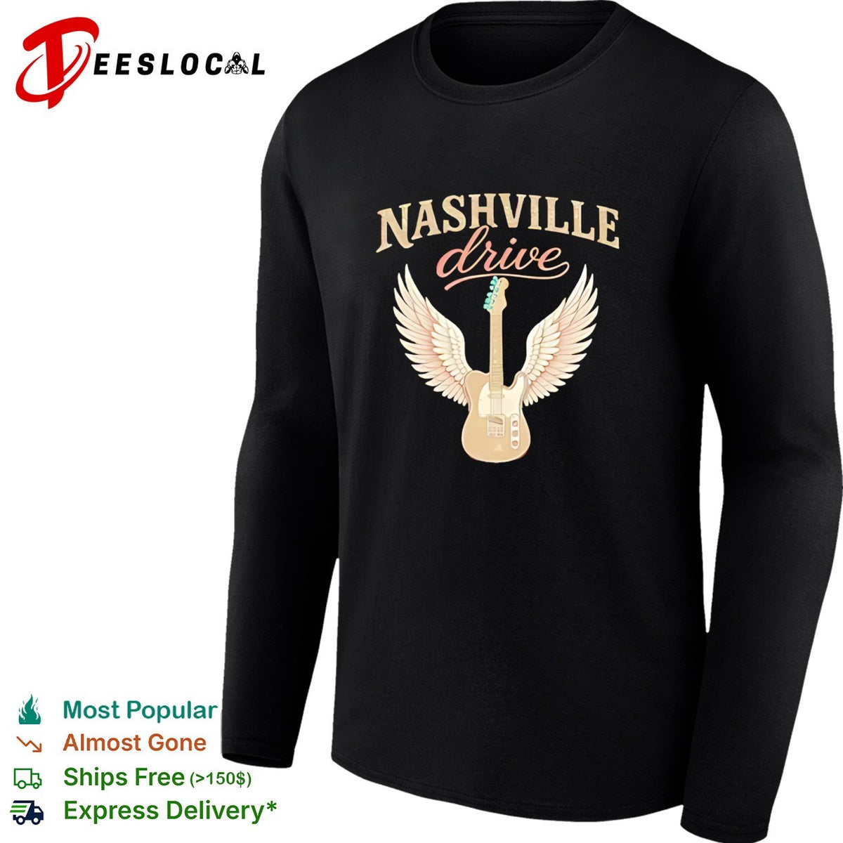 Nashville drive electric guitar with angel wings music theme shirt