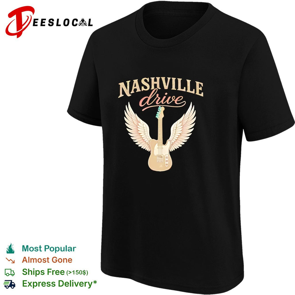 Nashville drive electric guitar with angel wings music theme shirt