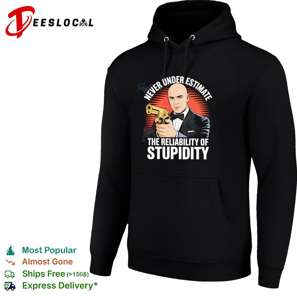 Never underestimate the reliability of stupidity tuxedo bow tie gunman retro shirt
